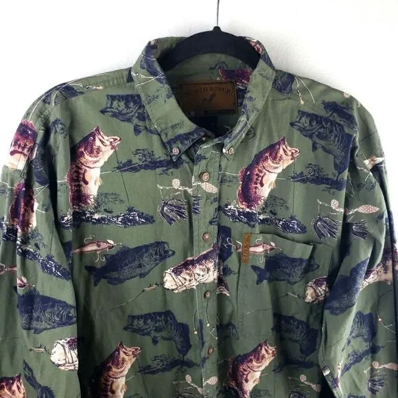 Men's The North River Green Button Up Long Sleeve Bass Fish Shirt Size Large - Picture 11 of 11